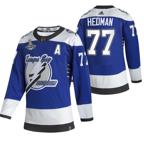 Men's Tampa Bay Lightning #77 Victor Hedman 2021 Blue Stanley Cup Champions Reverse Retro Stitched Jersey